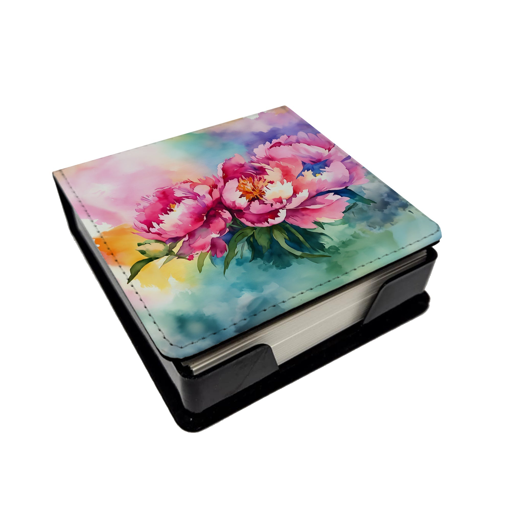Peonies in Watercolor PU Leather Note Paper Holder with Artist-Designed Cover, Desk Accessory, Office Gift