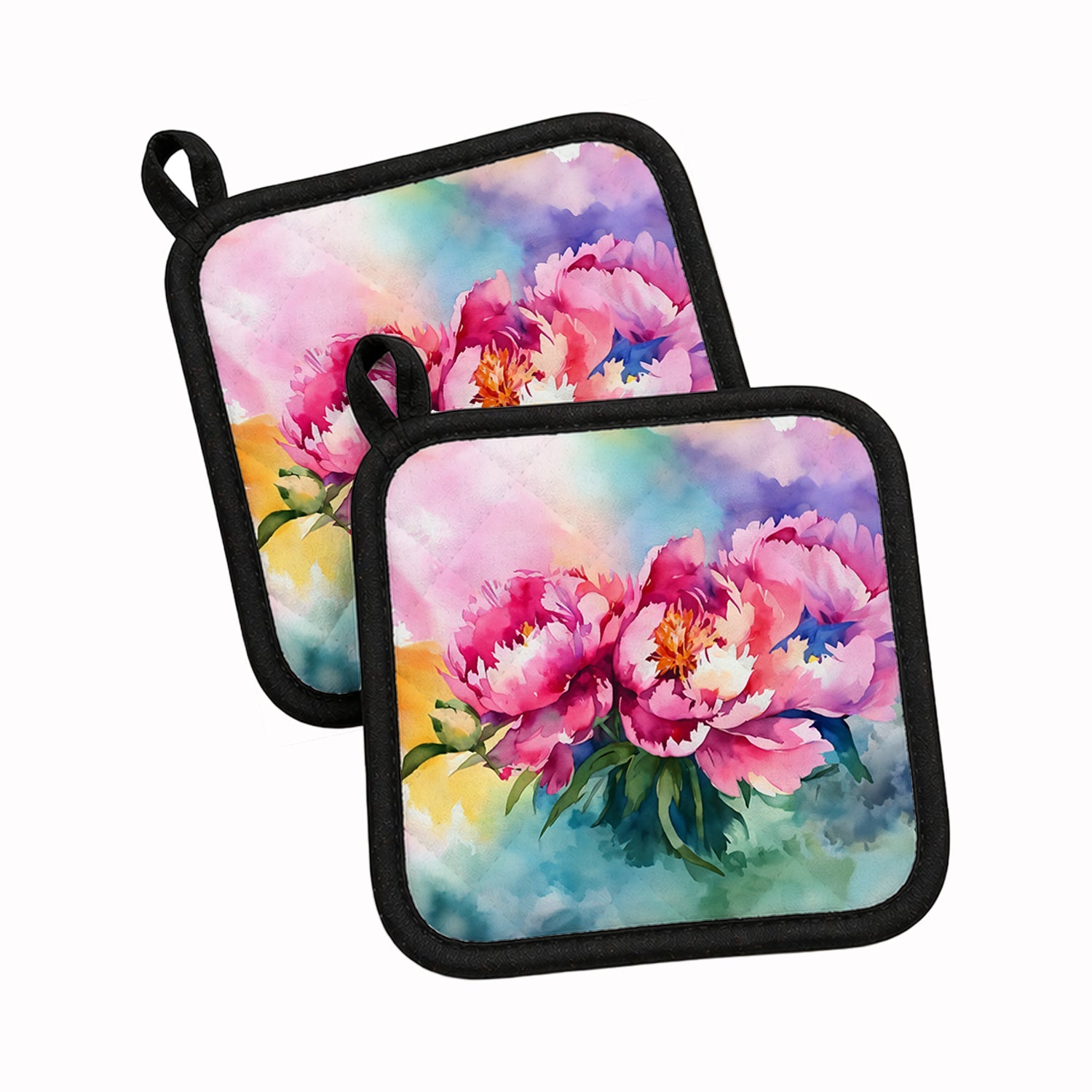 Peonies in Watercolor Pot Holder Set of 2 Heat Resistant Quilted Hot Pads 7.5 x 7.5 Inch, Insulated Kitchen Trivets for Cooking & Baking