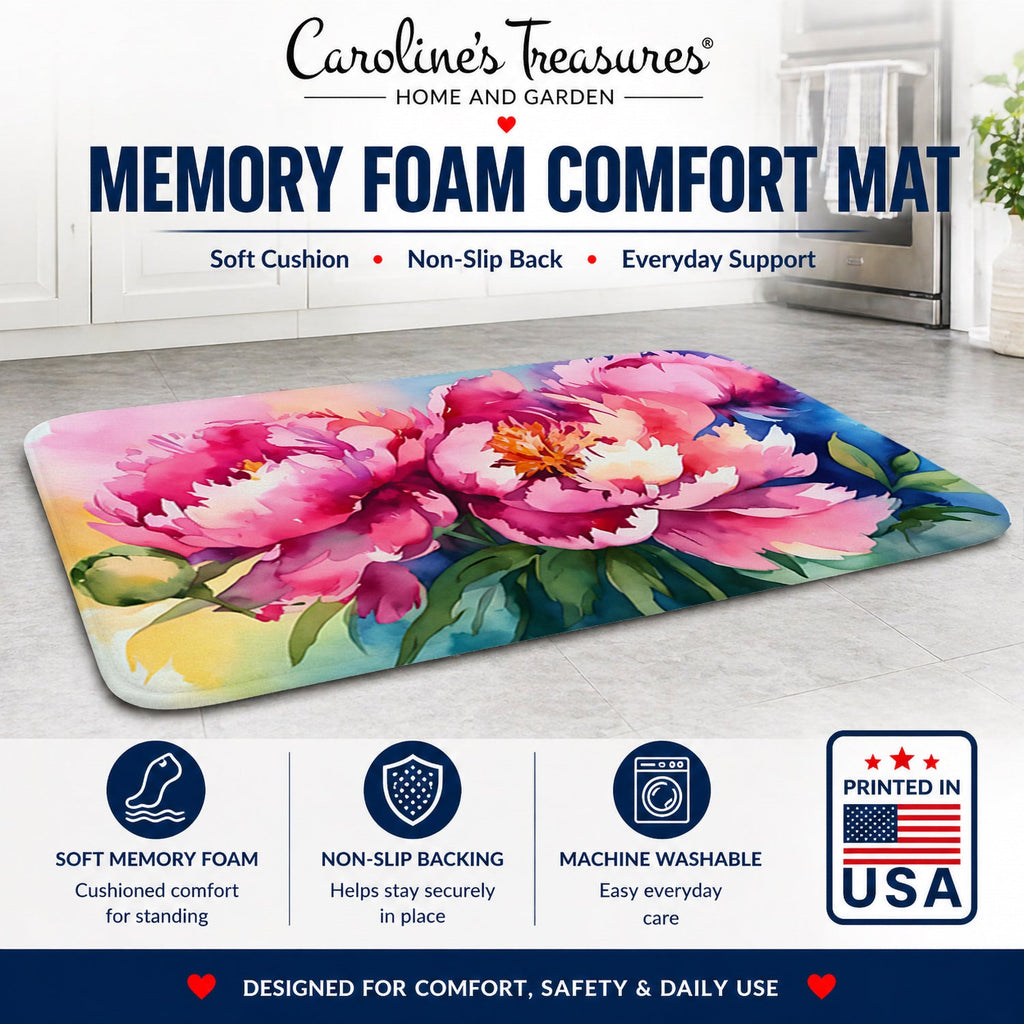 Peonies in Watercolor Memory Foam Kitchen Mat Machine Washable Anti-Fatigue Cushion Comfort Bath or Kitchen Rug