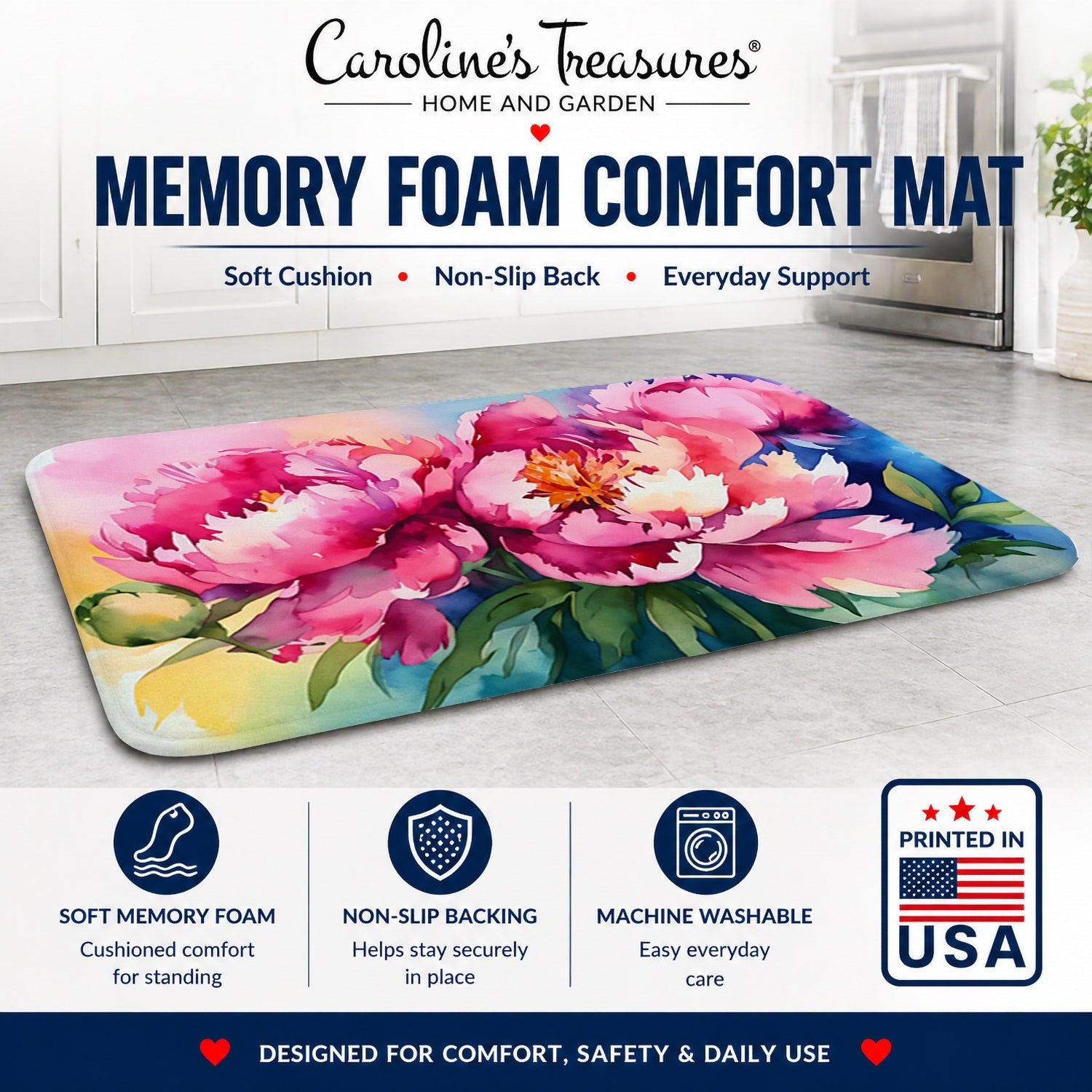 Peonies in Watercolor Memory Foam Kitchen Mat Machine Washable Anti-Fatigue Cushion Comfort Bath or Kitchen Rug