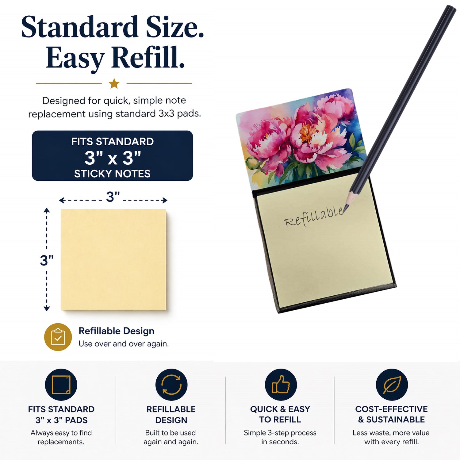 Peonies in Watercolor Watercolor Sticky Note Holder Refillable Dispenser Desk Accessory 3x3 Pad Gift