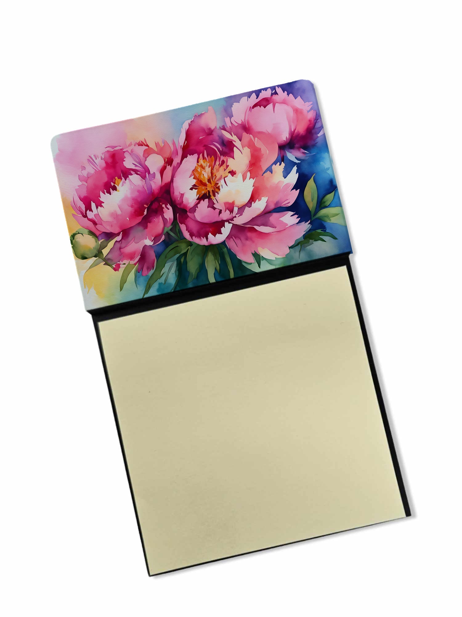 Peonies in Watercolor Watercolor Sticky Note Holder Refillable Dispenser Desk Accessory 3x3 Pad Gift