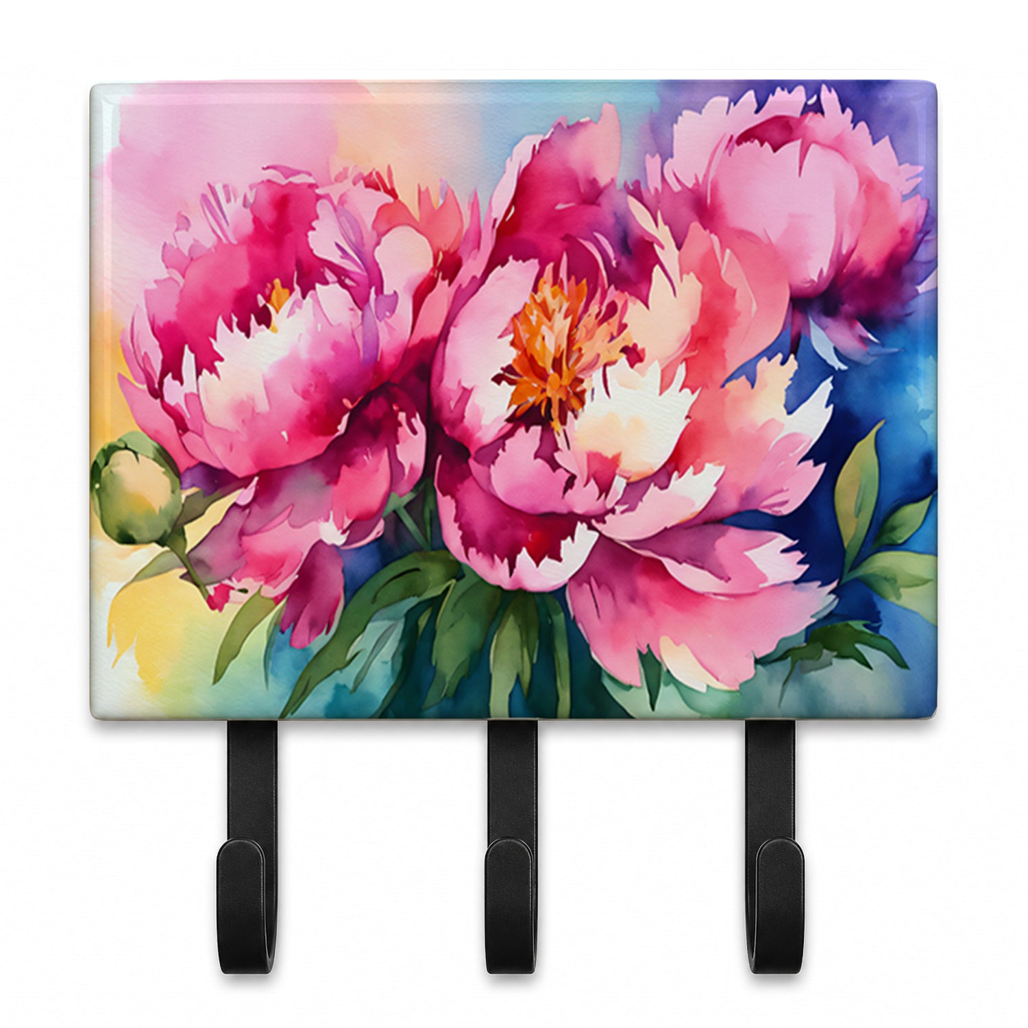 Peonies in Watercolor Leash or Key Holder Wall Hooks, Coat Rack Wall Mount, for Hanging Keys, Towels, Aprons, Leashes