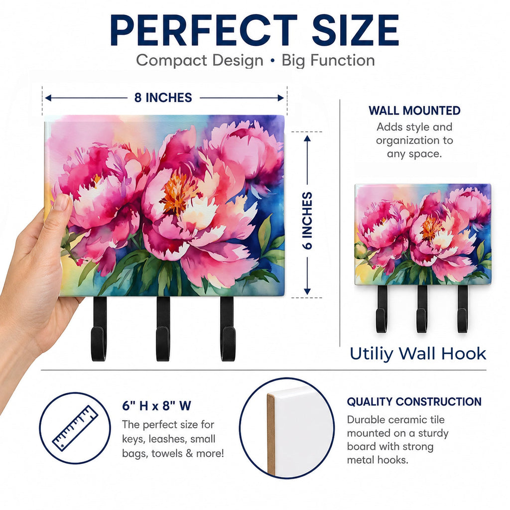 Peonies in Watercolor Leash or Key Holder Wall Hooks, Coat Rack Wall Mount, for Hanging Keys, Towels, Aprons, Leashes