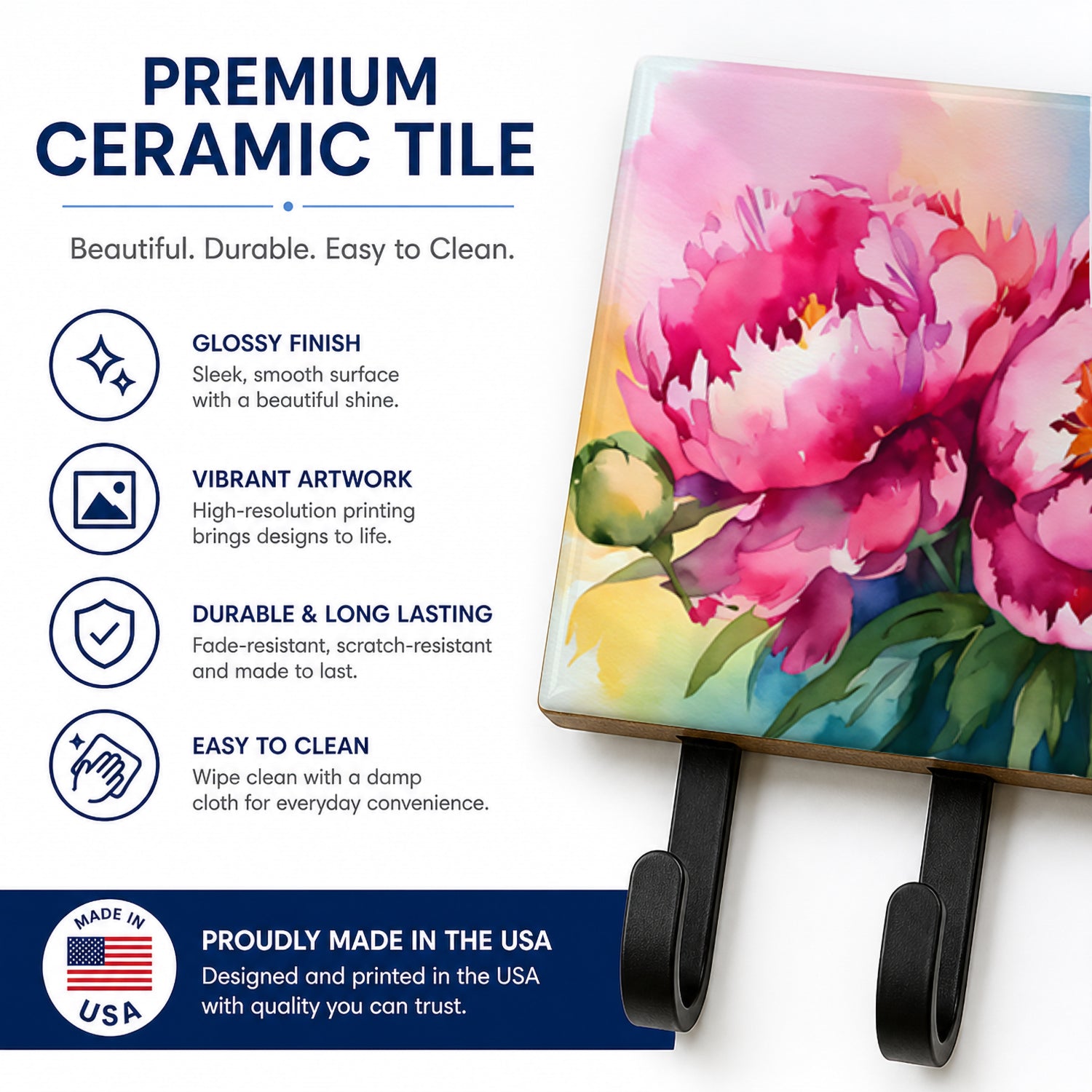 Peonies in Watercolor Leash or Key Holder Wall Hooks, Coat Rack Wall Mount, for Hanging Keys, Towels, Aprons, Leashes
