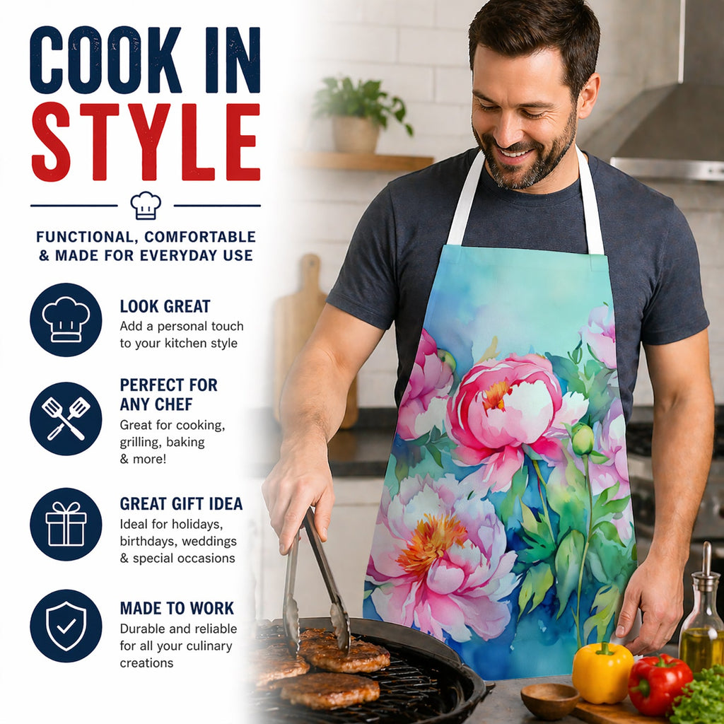 Peonies in Watercolor Apron Cooking Kitchen Server Baking Crafts Gardening for Adult Women Men, Unisex, Large, Multicolor