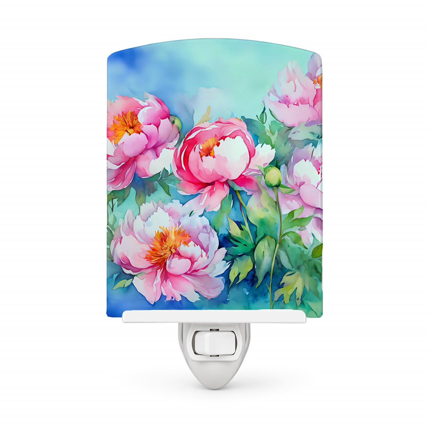 Peonies in Watercolor Ceramic Night Light Compact, UL-Certified, Ideal for Bedroom, Bathroom, Nursery, Hallway, Kitchen, 6x4x3, Multicolor