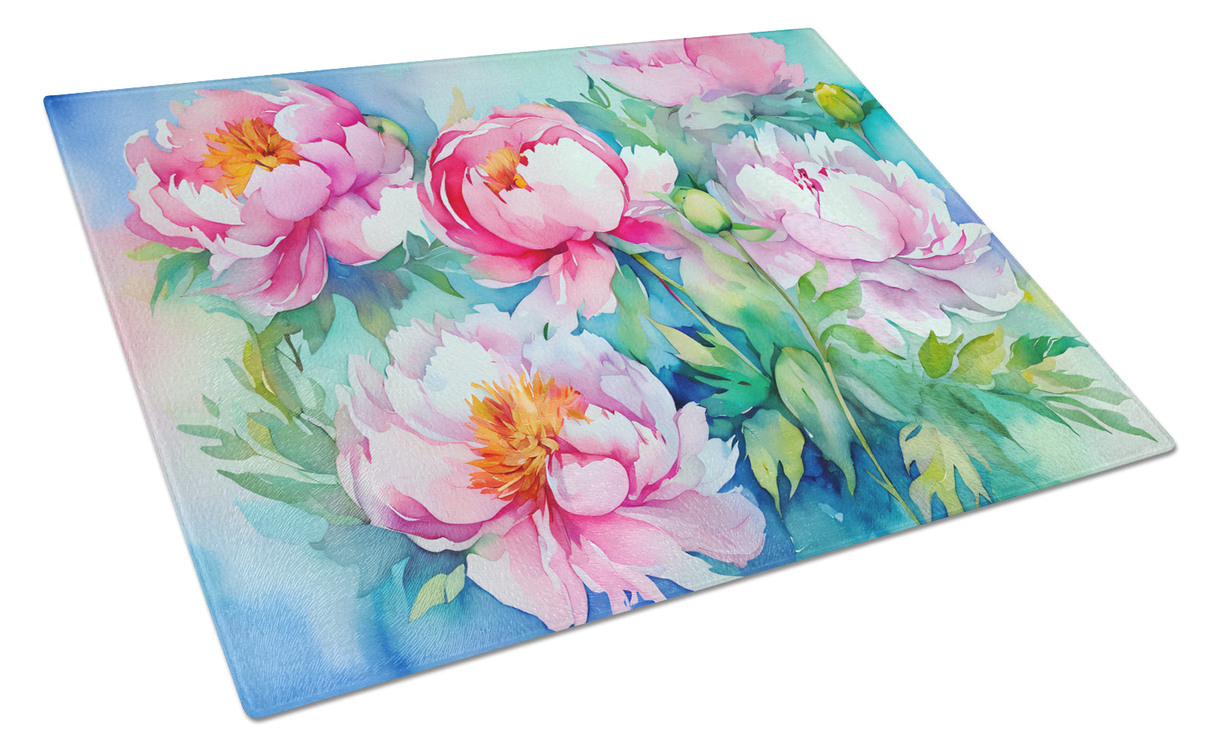 Peonies in Watercolor Cutting Board Tempered Glass Kitchen Cutting Surface, Heat Resistant Chopping, Non-Slip Feet, Food Prep & Serving