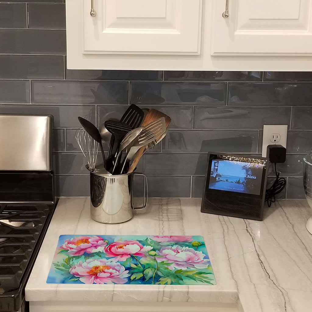 Peonies in Watercolor Cutting Board Tempered Glass Kitchen Cutting Surface, Heat Resistant Chopping, Non-Slip Feet, Food Prep & Serving
