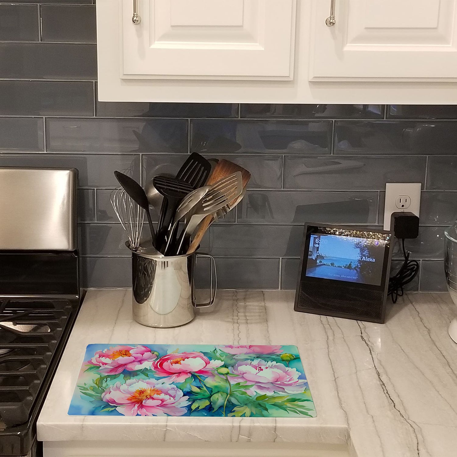 Peonies in Watercolor Cutting Board Tempered Glass Kitchen Cutting Surface, Heat Resistant Chopping, Non-Slip Feet, Food Prep & Serving