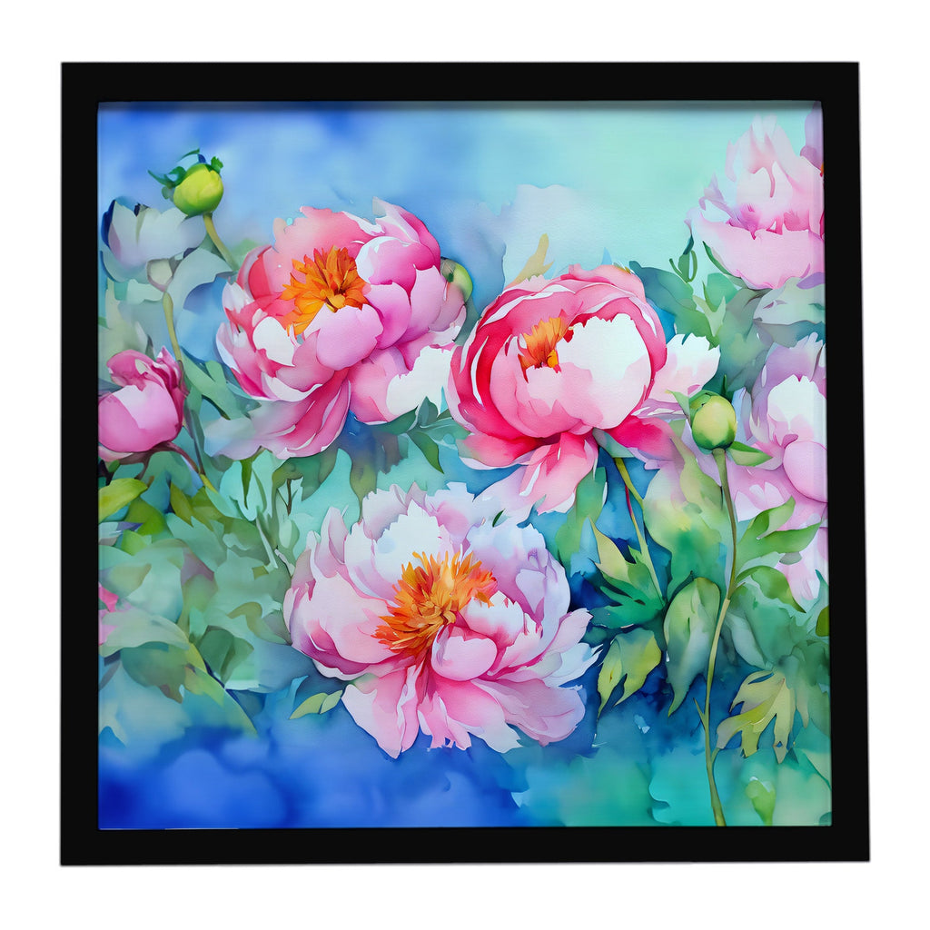 Peonies in Watercolor Framed Metal Print Bathroom, Kitchen, Office, Home Decor Wall Art Ready to Hang, Square, 8X8
