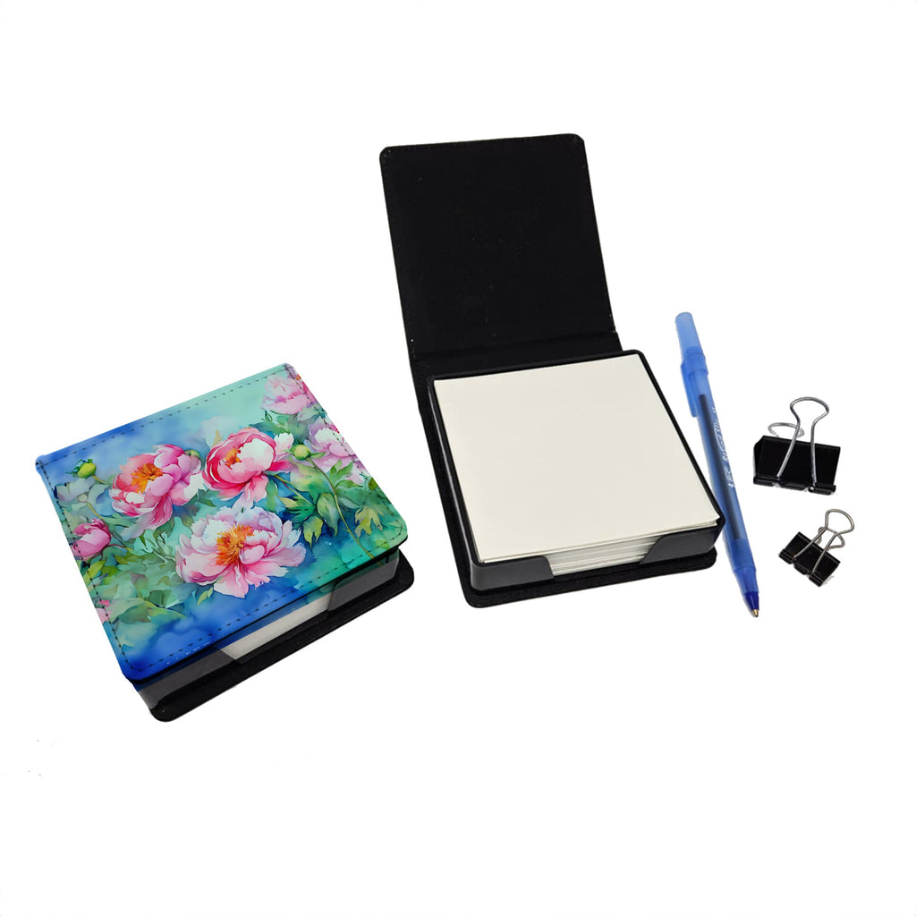 Peonies in Watercolor PU Leather Note Paper Holder with Artist-Designed Cover, Desk Accessory, Office Gift
