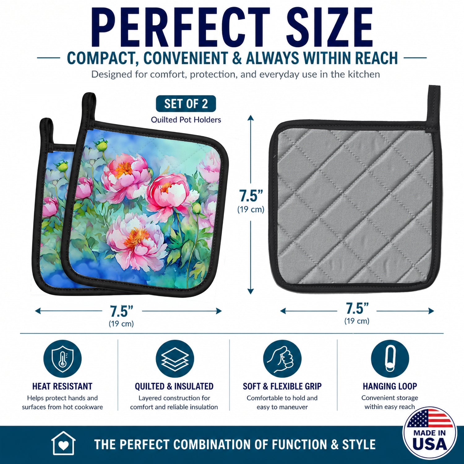 Peonies in Watercolor Pot Holder Set of 2 Heat Resistant Quilted Hot Pads 7.5 x 7.5 Inch, Insulated Kitchen Trivets for Cooking & Baking