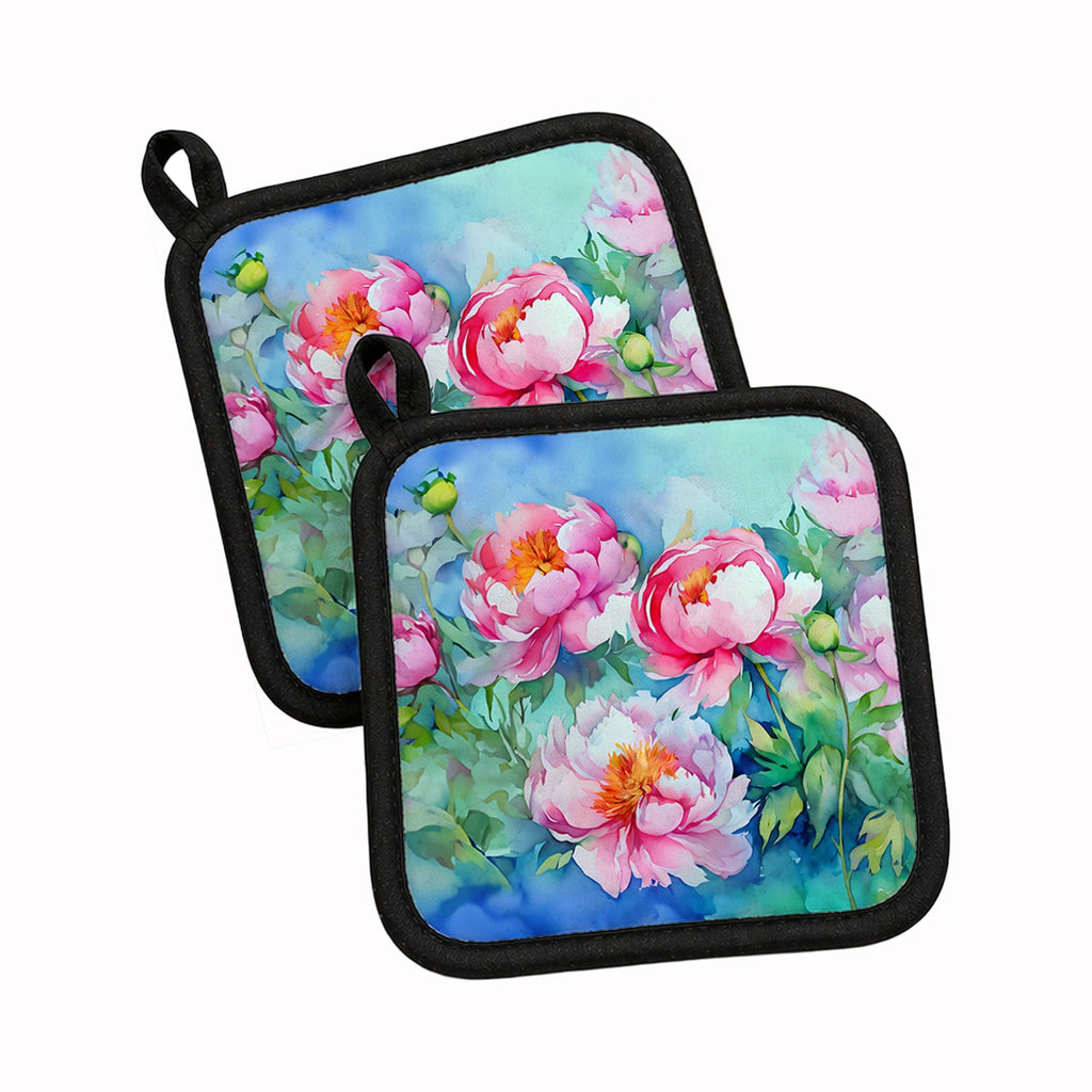 Peonies in Watercolor Pot Holder Set of 2 Heat Resistant Quilted Hot Pads 7.5 x 7.5 Inch, Insulated Kitchen Trivets for Cooking & Baking