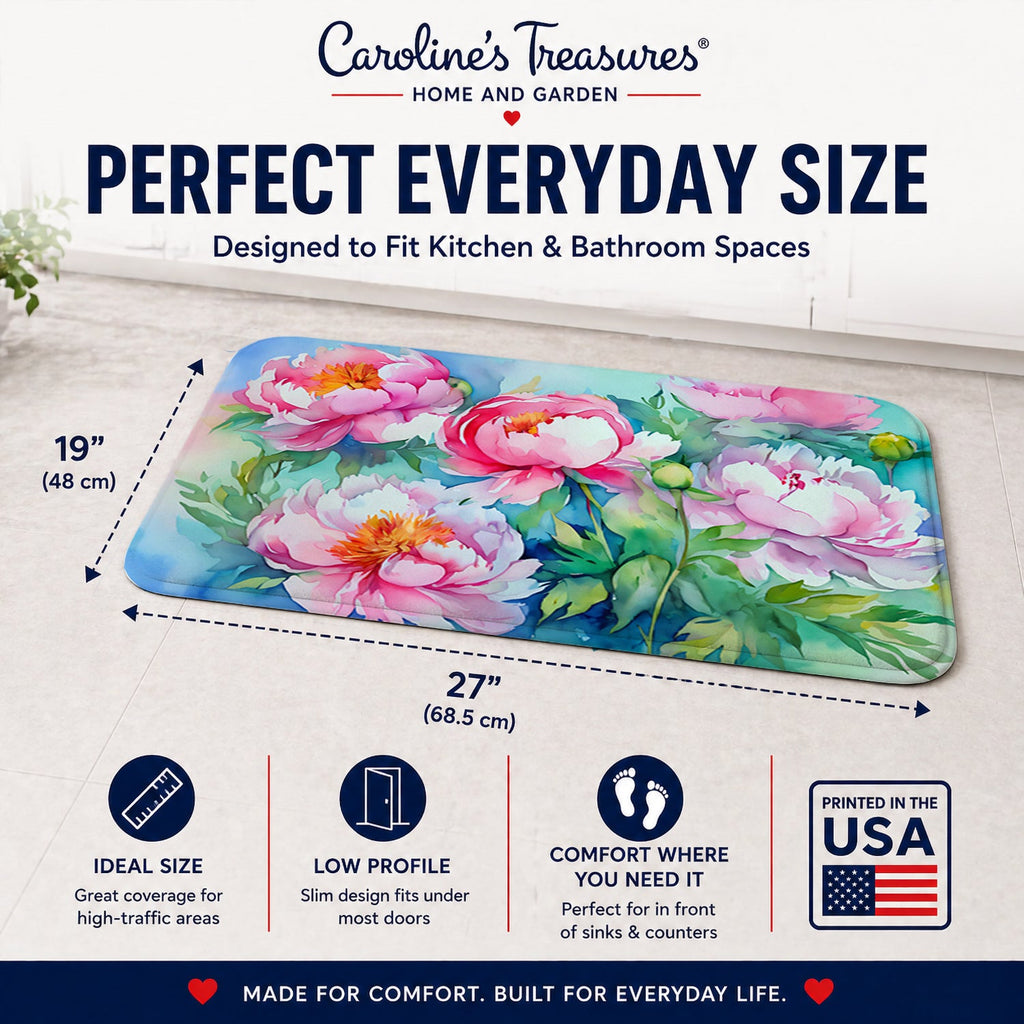 Peonies in Watercolor Memory Foam Kitchen Mat Machine Washable Anti-Fatigue Cushion Comfort Bath or Kitchen Rug