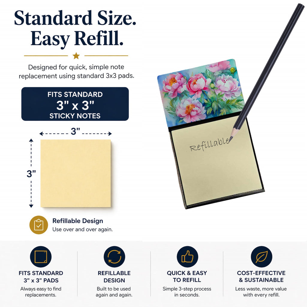 Peonies in Watercolor Watercolor Sticky Note Holder Refillable Dispenser Desk Accessory 3x3 Pad Gift
