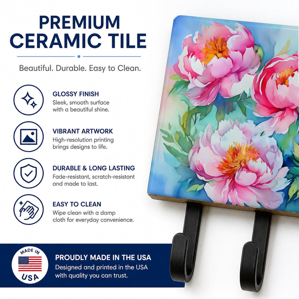 Peonies in Watercolor Leash or Key Holder Wall Hooks, Coat Rack Wall Mount, for Hanging Keys, Towels, Aprons, Leashes