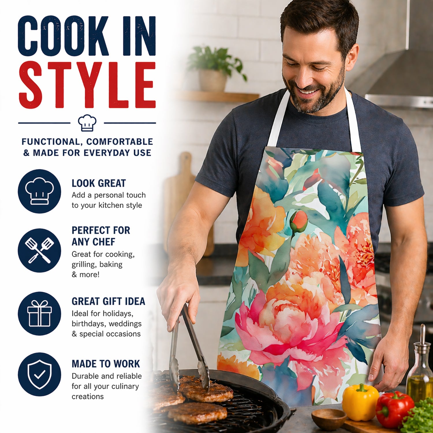 Peonies in Watercolor Apron Cooking Kitchen Server Baking Crafts Gardening for Adult Women Men, Unisex, Large, Multicolor