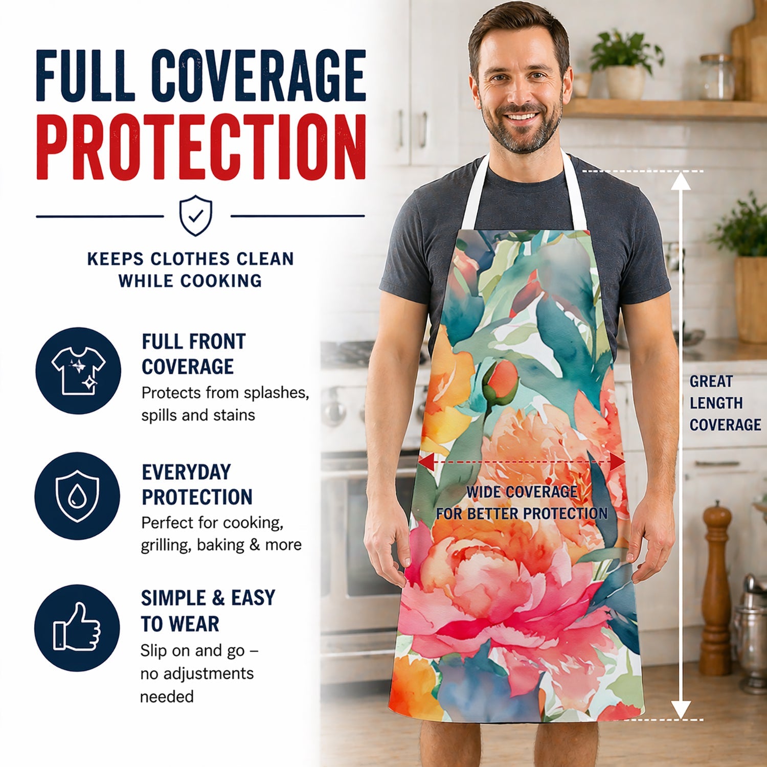 Peonies in Watercolor Apron Cooking Kitchen Server Baking Crafts Gardening for Adult Women Men, Unisex, Large, Multicolor