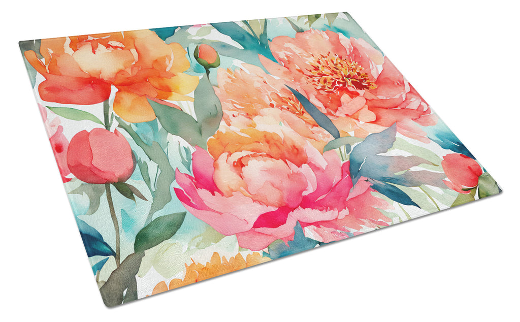 Peonies in Watercolor Cutting Board Tempered Glass Kitchen Cutting Surface, Heat Resistant Chopping, Non-Slip Feet, Food Prep & Serving
