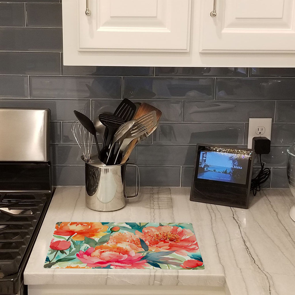 Peonies in Watercolor Cutting Board Tempered Glass Kitchen Cutting Surface, Heat Resistant Chopping, Non-Slip Feet, Food Prep & Serving