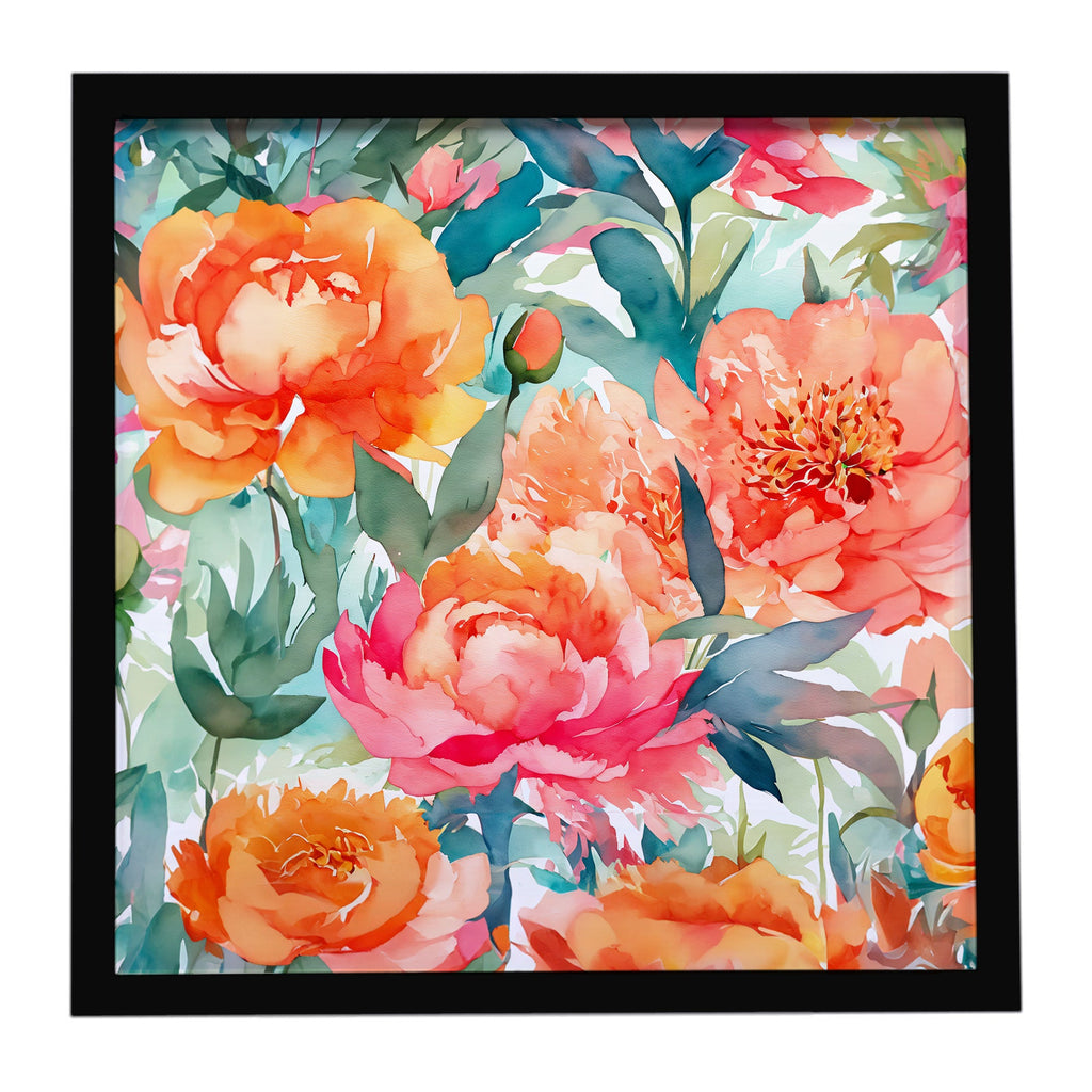Peonies in Watercolor Framed Metal Print Bathroom, Kitchen, Office, Home Decor Wall Art Ready to Hang, Square, 8X8