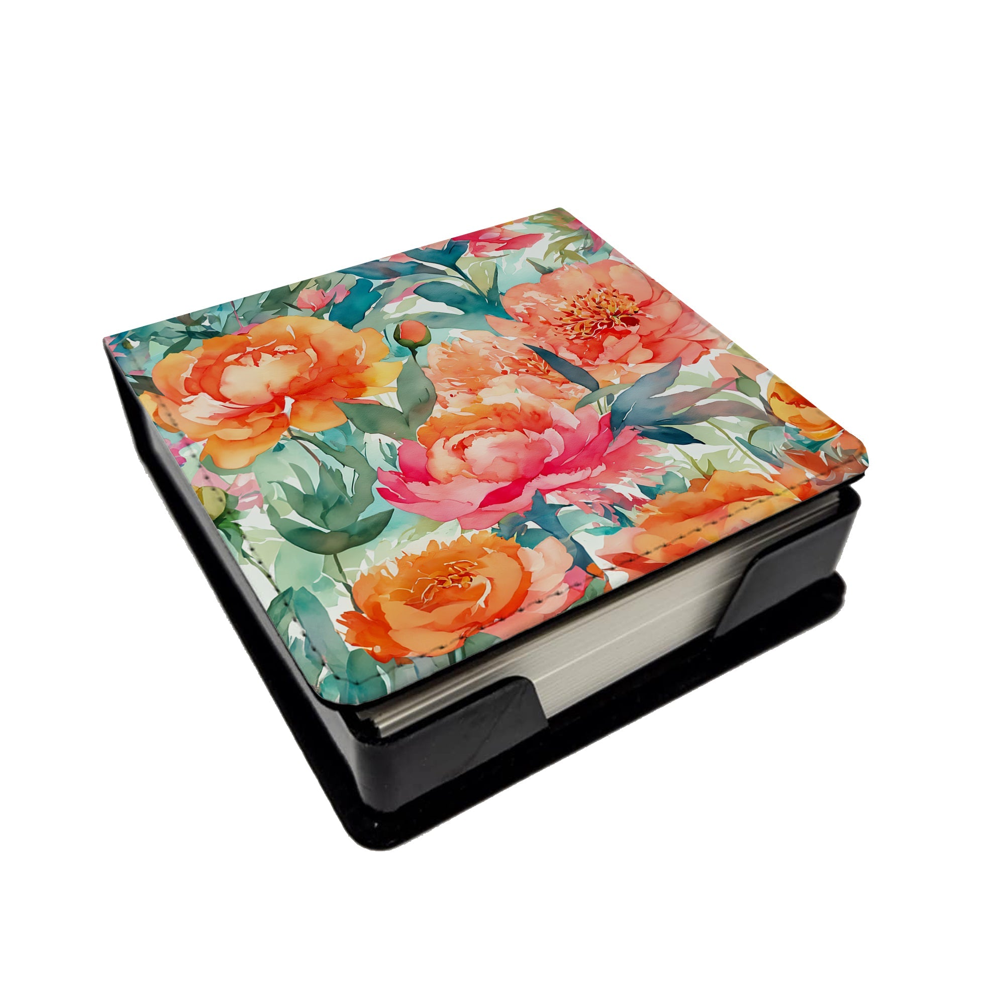 Peonies in Watercolor PU Leather Note Paper Holder with Artist-Designed Cover, Desk Accessory, Office Gift