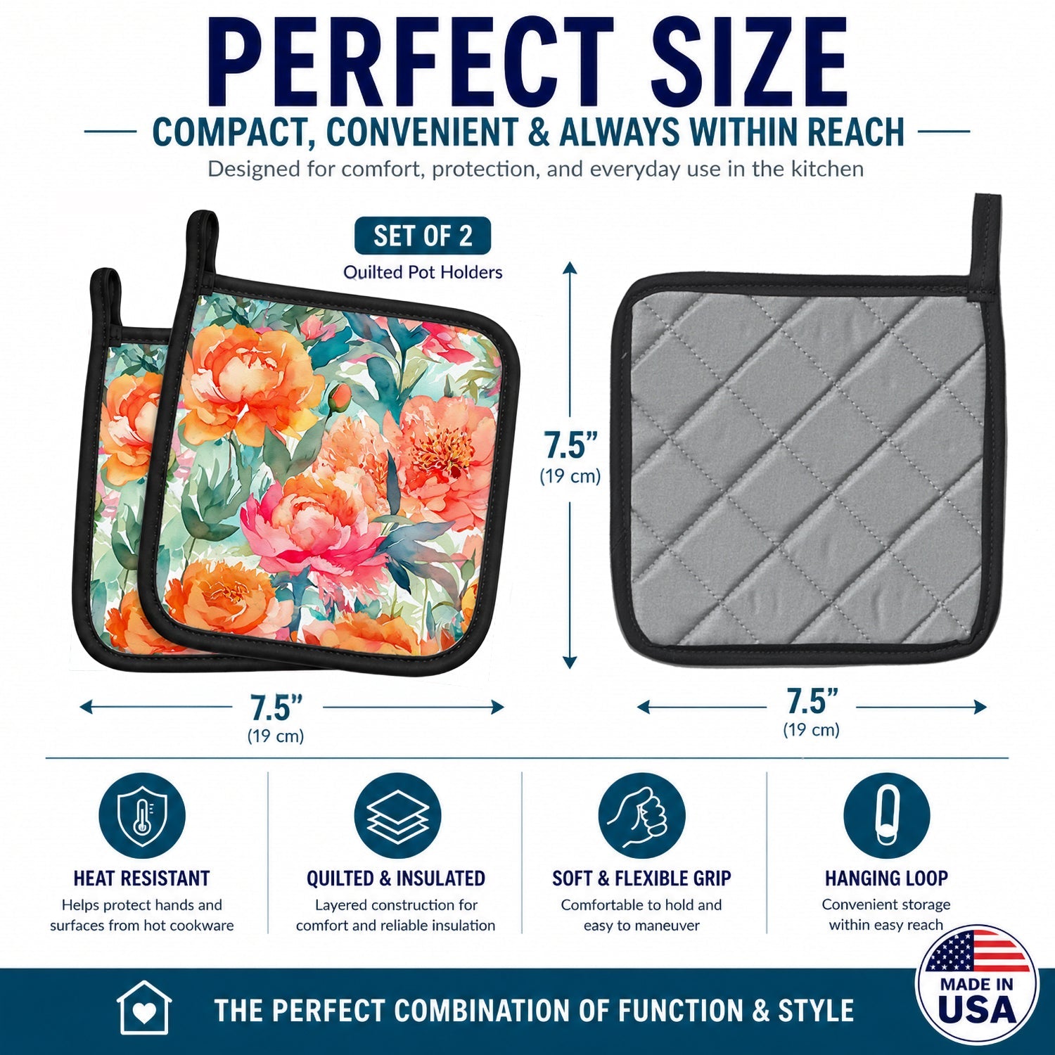 Peonies in Watercolor Pot Holder Set of 2 Heat Resistant Quilted Hot Pads 7.5 x 7.5 Inch, Insulated Kitchen Trivets for Cooking & Baking