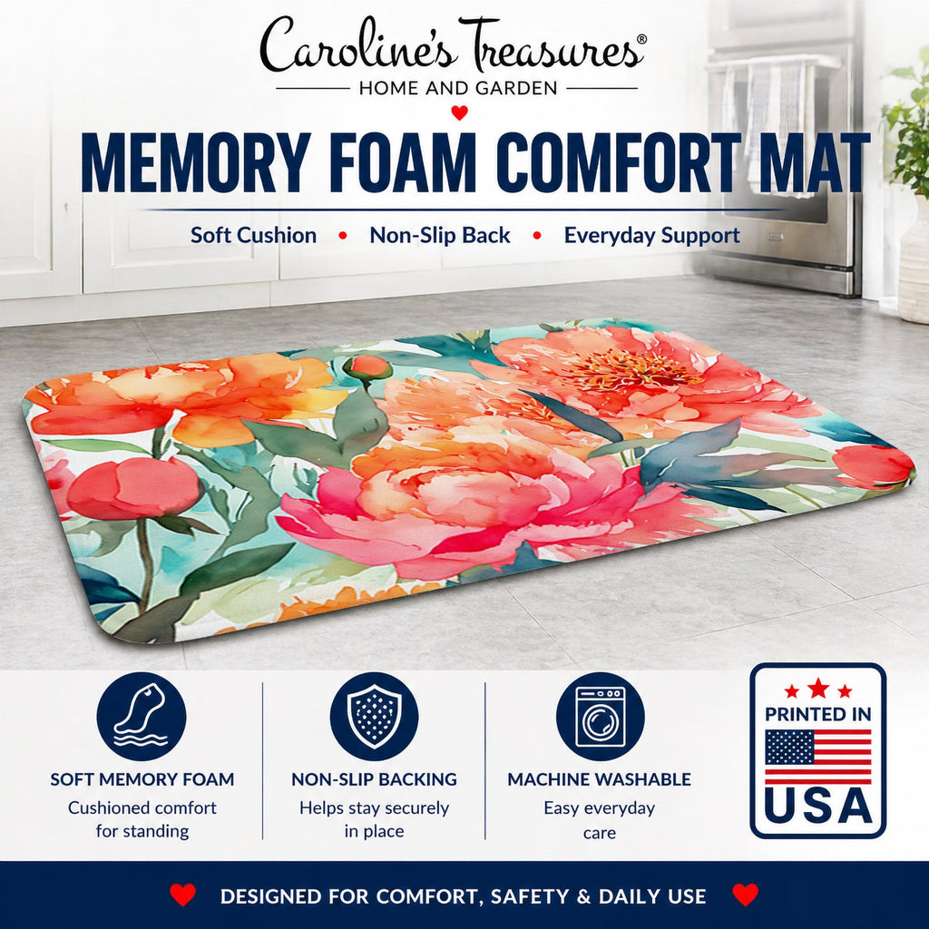 Peonies in Watercolor Memory Foam Kitchen Mat Machine Washable Anti-Fatigue Cushion Comfort Bath or Kitchen Rug