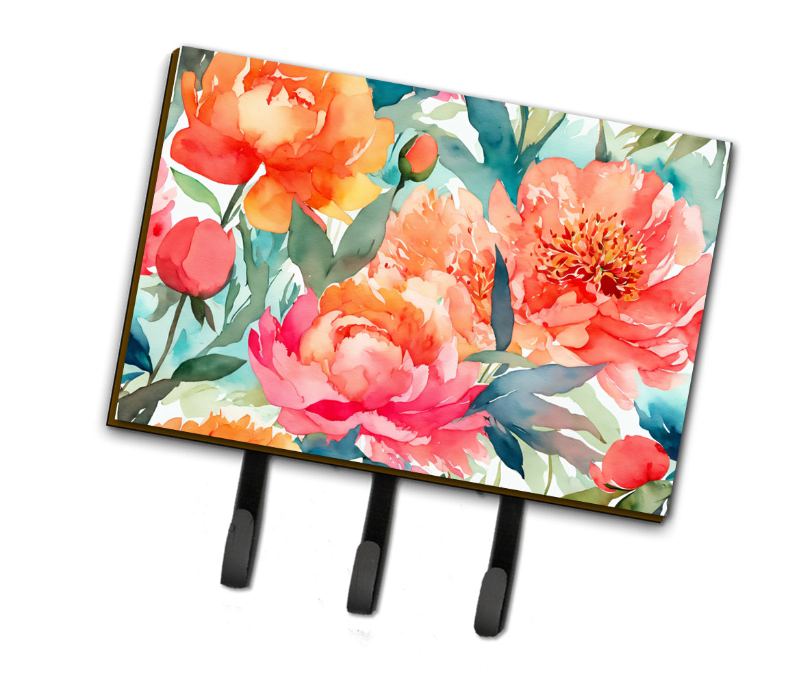 Peonies in Watercolor Leash or Key Holder Wall Hooks, Coat Rack Wall Mount, for Hanging Keys, Towels, Aprons, Leashes