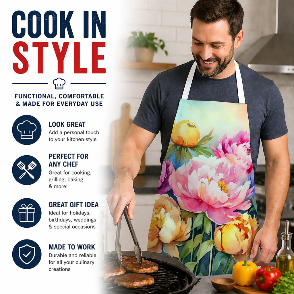 Peonies in Watercolor Apron Cooking Kitchen Server Baking Crafts Gardening for Adult Women Men, Unisex, Large, Multicolor