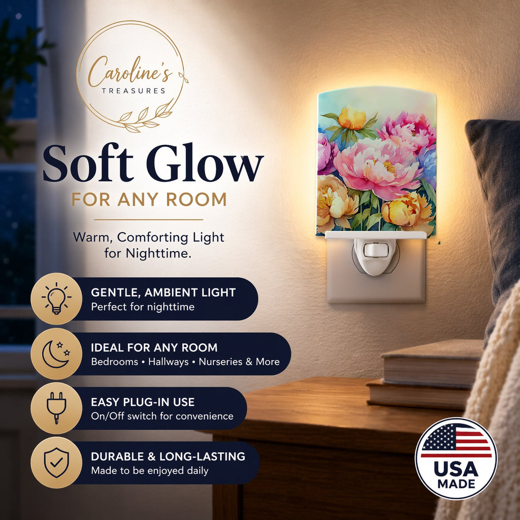 Peonies in Watercolor Ceramic Night Light Compact, UL-Certified, Ideal for Bedroom, Bathroom, Nursery, Hallway, Kitchen, 6x4x3, Multicolor