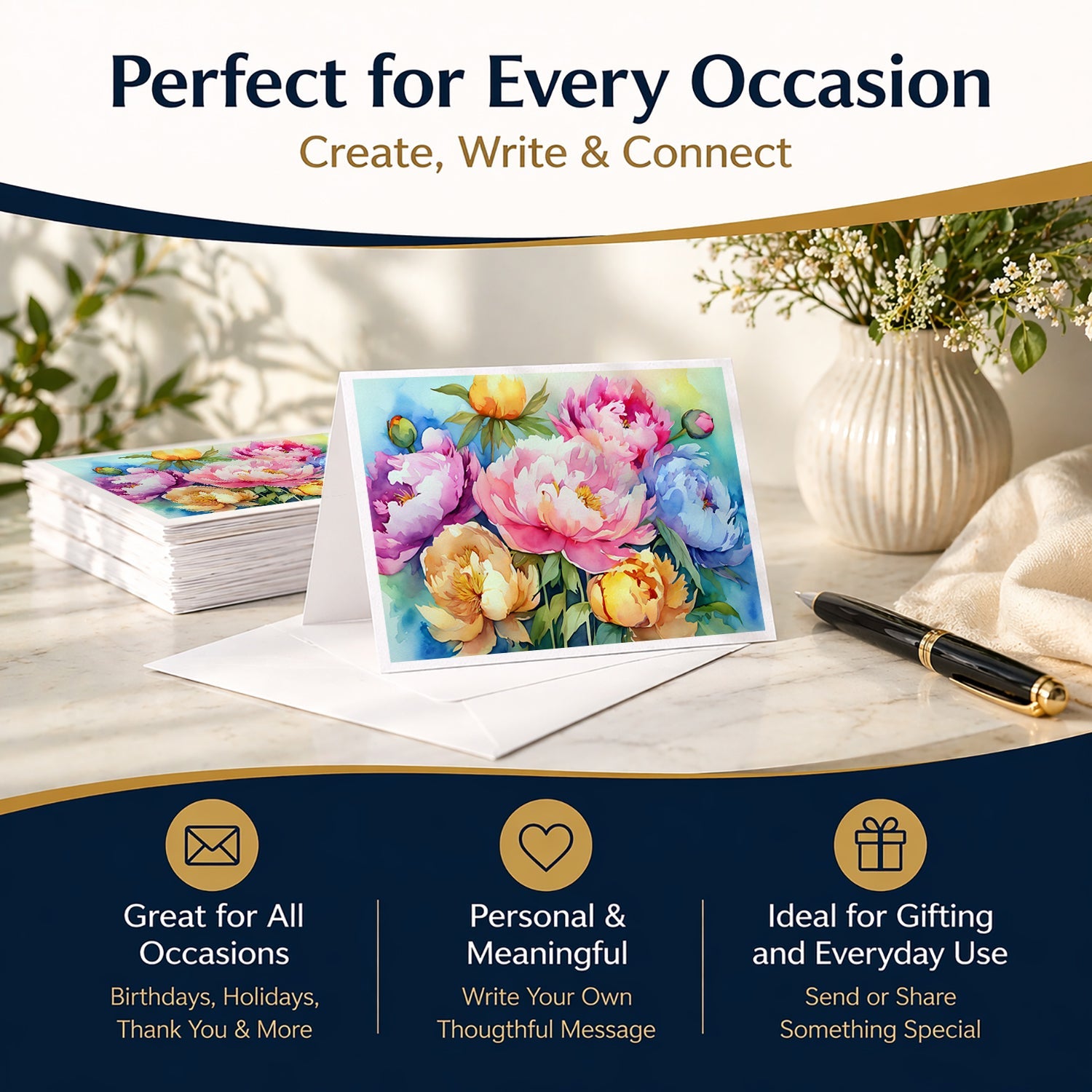 Peonies in Watercolor Greeting Cards Pack of 8 Blank Cards with Envelopes Whimsical A7 Size 5x7