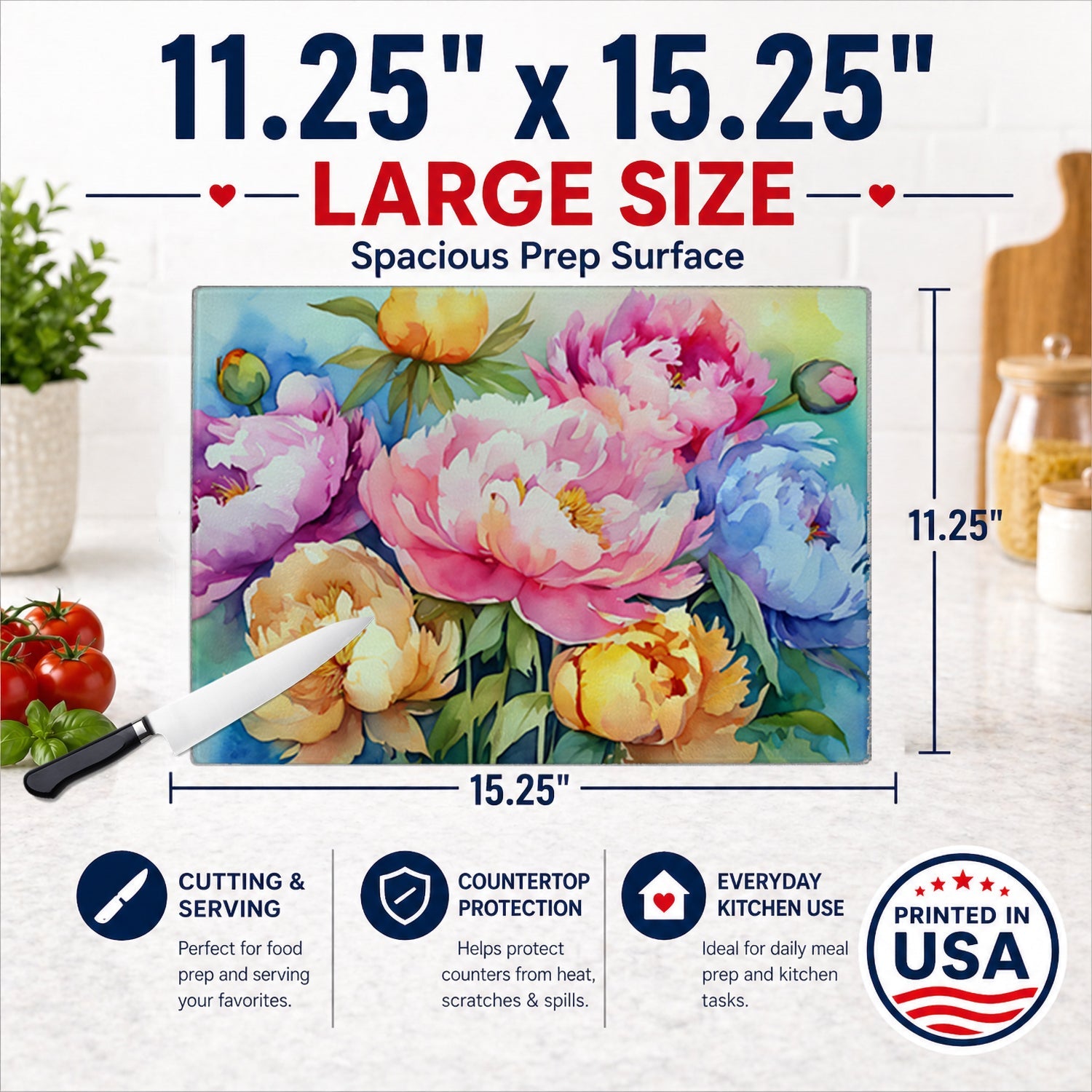 Peonies in Watercolor Cutting Board Tempered Glass Kitchen Cutting Surface, Heat Resistant Chopping, Non-Slip Feet, Food Prep & Serving