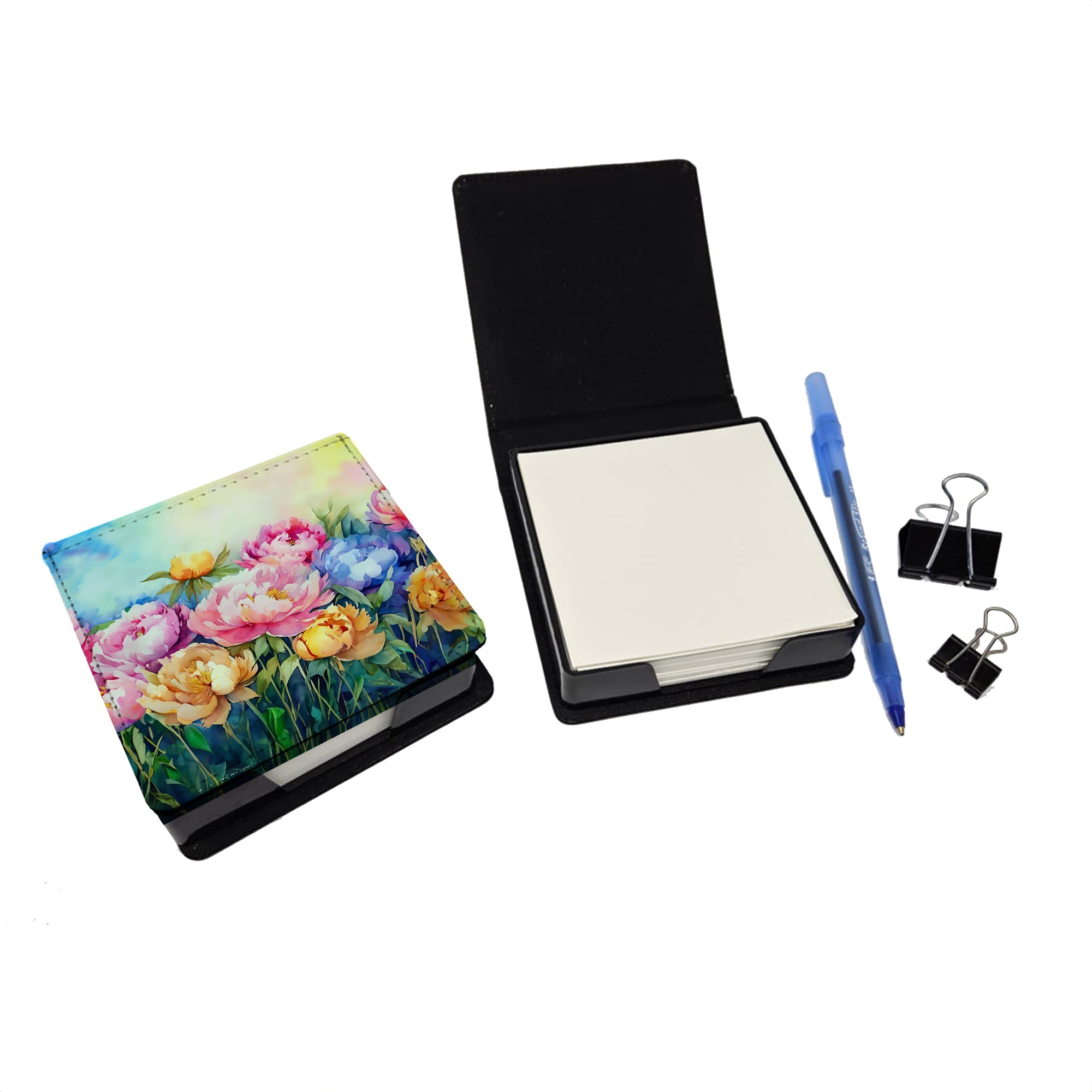 Peonies in Watercolor PU Leather Note Paper Holder with Artist-Designed Cover, Desk Accessory, Office Gift