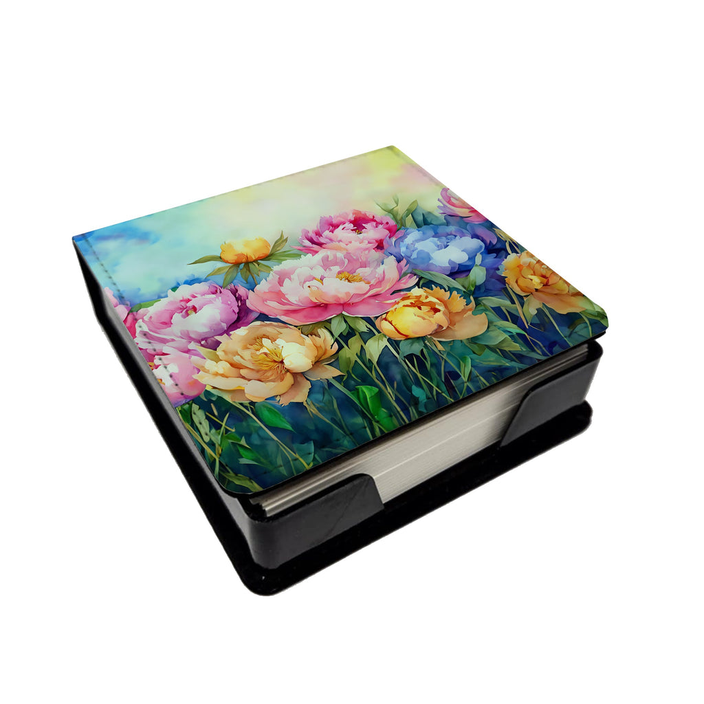 Peonies in Watercolor PU Leather Note Paper Holder with Artist-Designed Cover, Desk Accessory, Office Gift