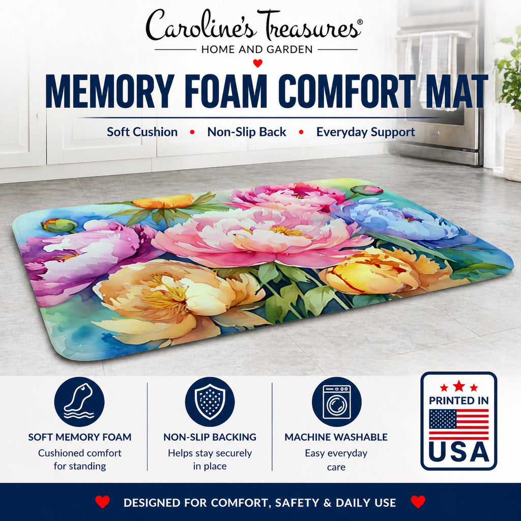 Peonies in Watercolor Memory Foam Kitchen Mat Machine Washable Anti-Fatigue Cushion Comfort Bath or Kitchen Rug