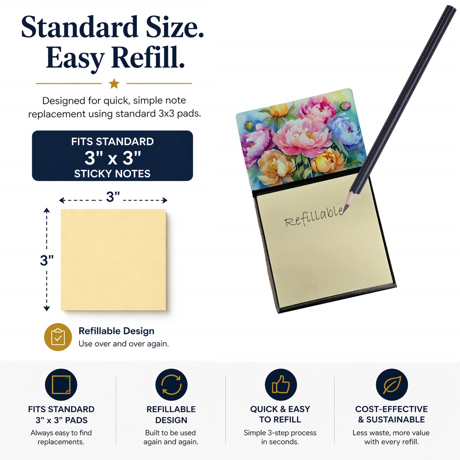 Peonies in Watercolor Watercolor Sticky Note Holder Refillable Dispenser Desk Accessory 3x3 Pad Gift