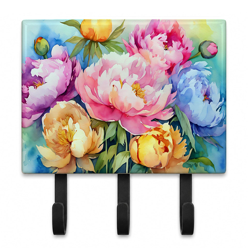 Peonies in Watercolor Leash or Key Holder Wall Hooks, Coat Rack Wall Mount, for Hanging Keys, Towels, Aprons, Leashes