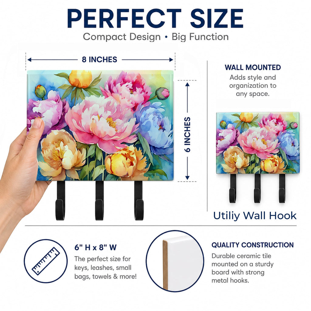 Peonies in Watercolor Leash or Key Holder Wall Hooks, Coat Rack Wall Mount, for Hanging Keys, Towels, Aprons, Leashes
