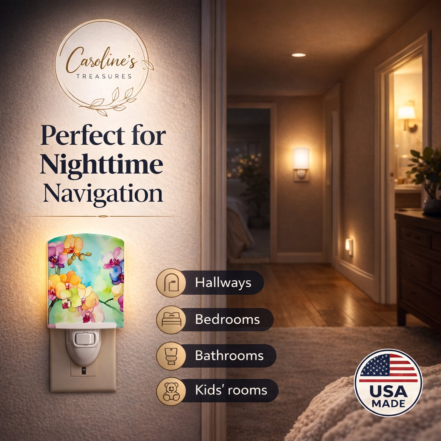 Orchids in Watercolor Ceramic Night Light Compact, UL-Certified, Ideal for Bedroom, Bathroom, Nursery, Hallway, Kitchen, 6x4x3, Multicolor