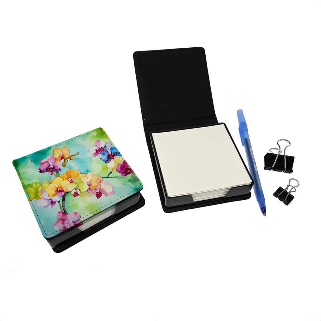 Orchids in Watercolor PU Leather Note Paper Holder with Artist-Designed Cover, Desk Accessory, Office Gift