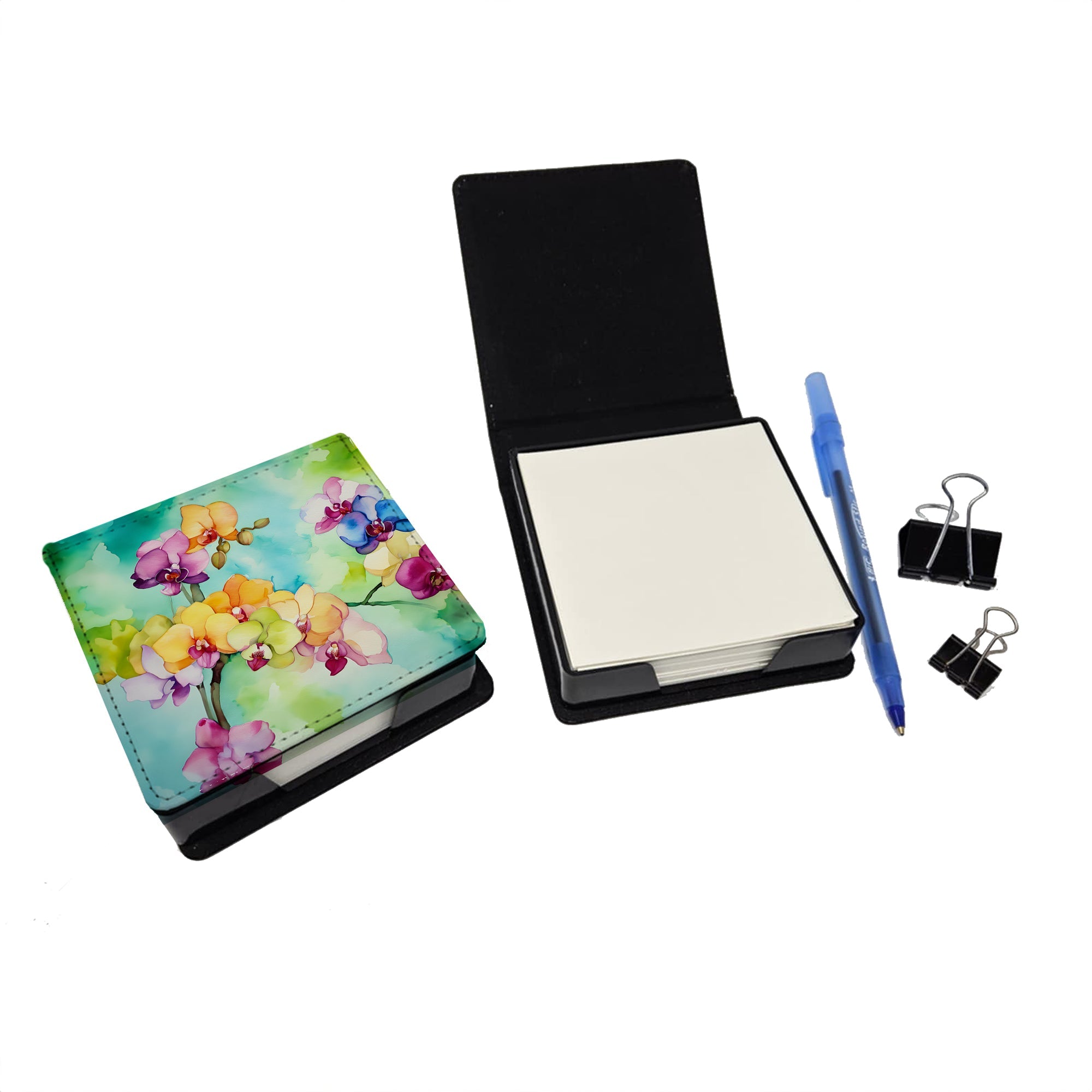 Orchids in Watercolor PU Leather Note Paper Holder with Artist-Designed Cover, Desk Accessory, Office Gift