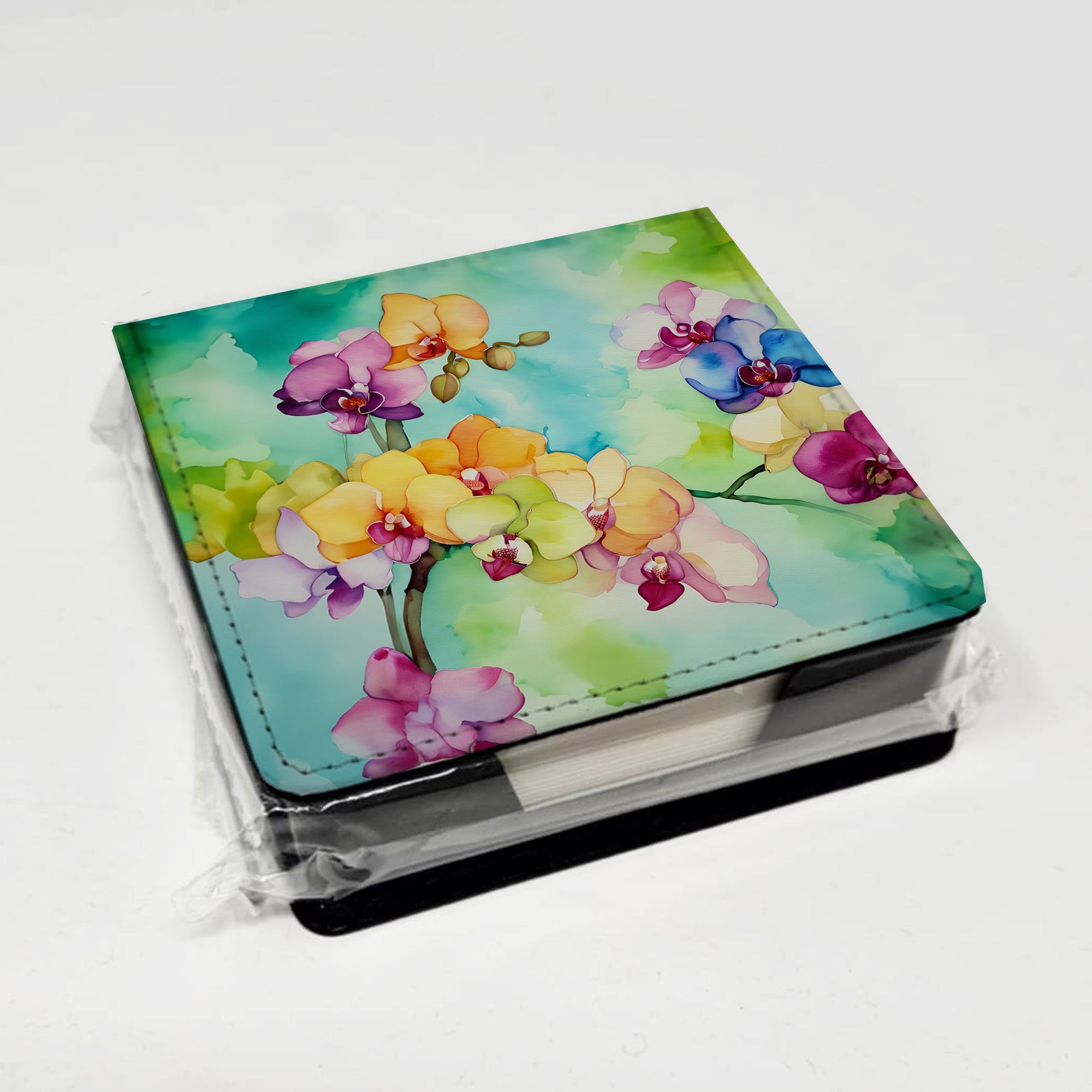 Orchids in Watercolor PU Leather Note Paper Holder with Artist-Designed Cover, Desk Accessory, Office Gift