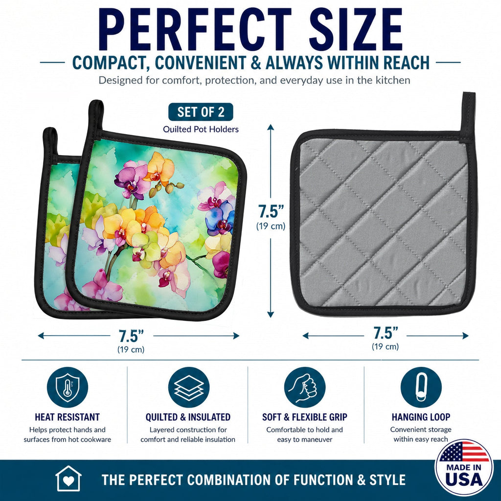 Orchids in Watercolor Pot Holder Set of 2 Heat Resistant Quilted Hot Pads 7.5 x 7.5 Inch, Insulated Kitchen Trivets for Cooking & Baking