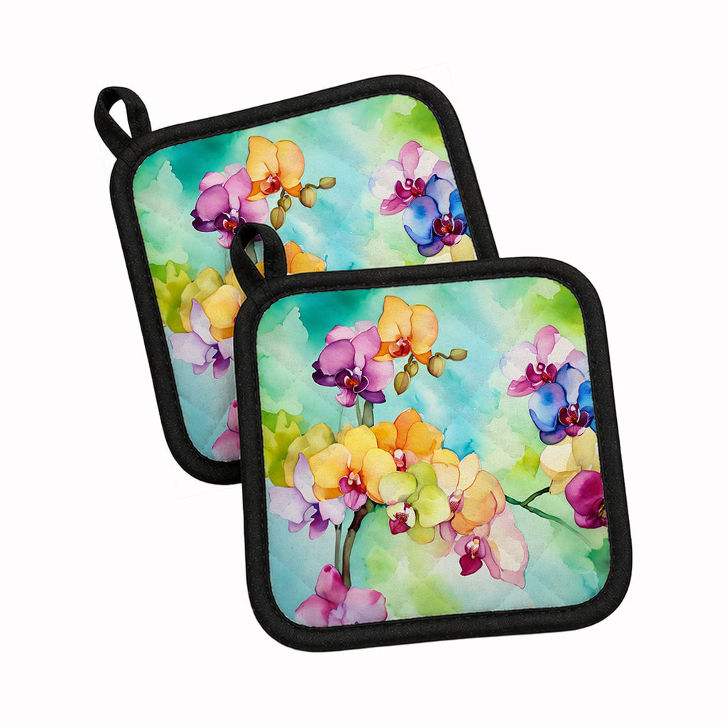Orchids in Watercolor Pot Holder Set of 2 Heat Resistant Quilted Hot Pads 7.5 x 7.5 Inch, Insulated Kitchen Trivets for Cooking & Baking