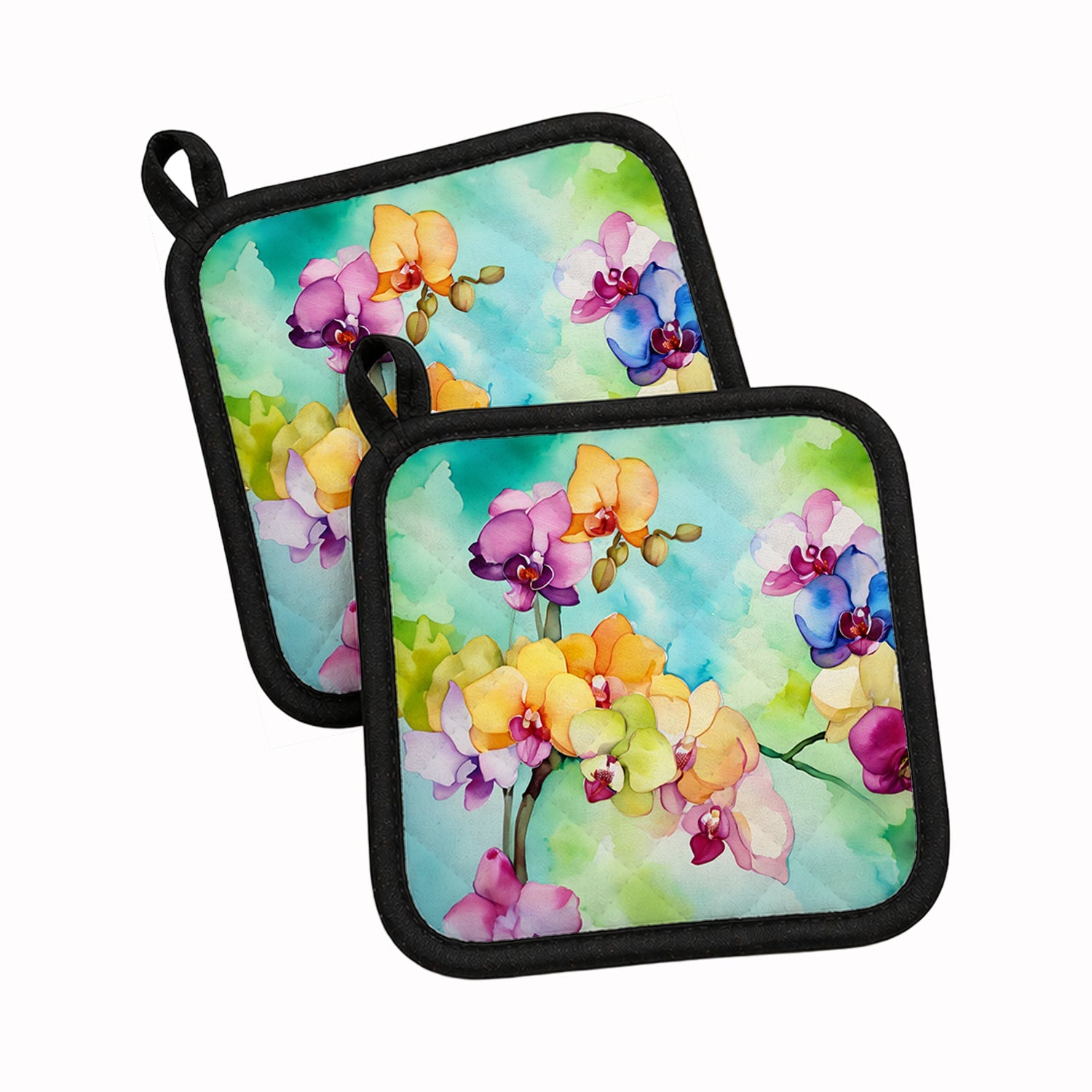 Orchids in Watercolor Pot Holder Set of 2 Heat Resistant Quilted Hot Pads 7.5 x 7.5 Inch, Insulated Kitchen Trivets for Cooking & Baking
