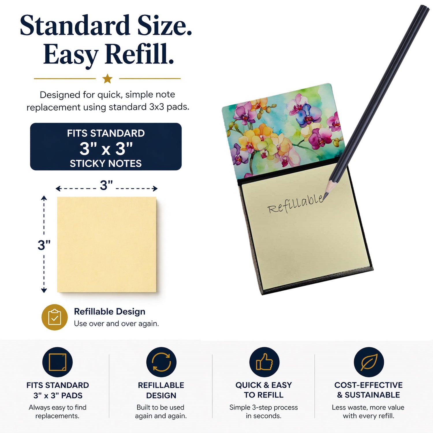 Orchids in Watercolor Watercolor Sticky Note Holder Refillable Dispenser Desk Accessory 3x3 Pad Gift