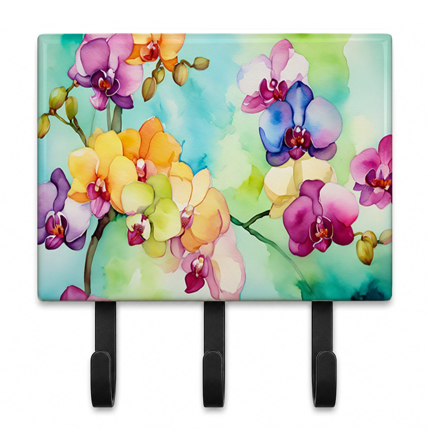 Orchids in Watercolor Leash or Key Holder Wall Hooks, Coat Rack Wall Mount, for Hanging Keys, Towels, Aprons, Leashes