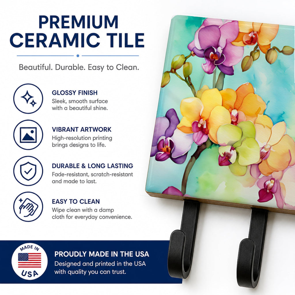 Orchids in Watercolor Leash or Key Holder Wall Hooks, Coat Rack Wall Mount, for Hanging Keys, Towels, Aprons, Leashes